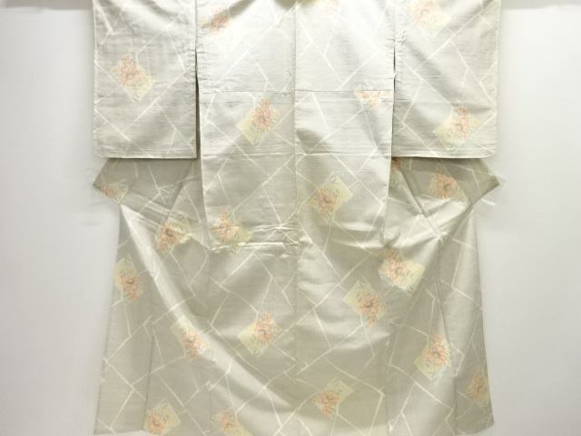 アンティーク　色紙に草花模様織り出し十日町紬単衣着物